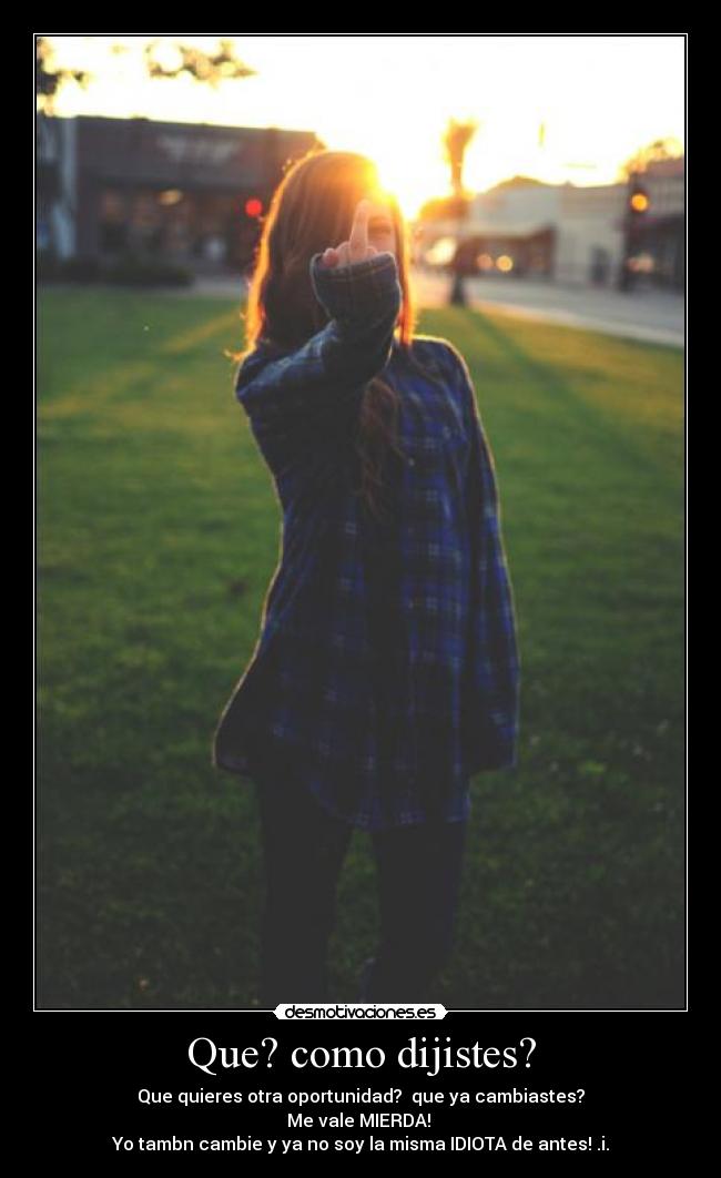 Que? como dijistes? - Que quieres otra oportunidad?  que ya cambiastes?
Me vale MIERDA! 
Yo tambn cambie y ya no soy la misma IDIOTA de antes! .i.