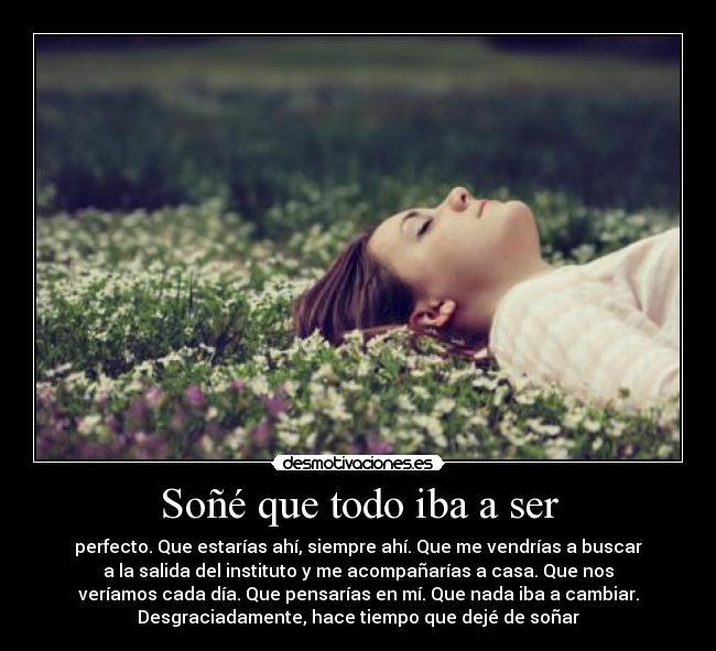 Soñé que todo iba a ser - perfecto. Que estarías ahí, siempre ahí. Que me vendrías a buscar
a la salida del instituto y me acompañarías a casa. Que nos
veríamos cada día. Que pensarías en mí. Que nada iba a cambiar.
Desgraciadamente, hace tiempo que dejé de soñar