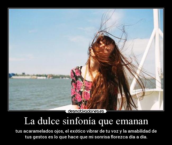 La dulce sinfonía que emanan - tus acaramelados ojos, el exótico vibrar de tu voz y la amabilidad de
tus gestos es lo que hace que mi sonrisa florezca día a día.
