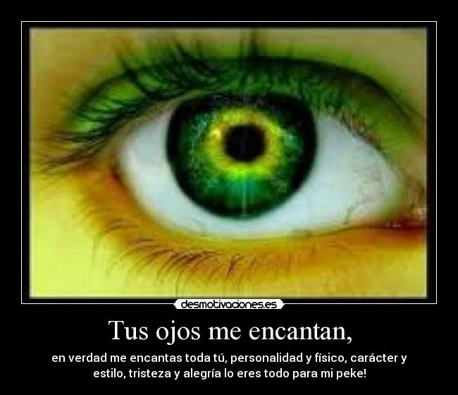 Tus ojos me encantan, - en verdad me encantas toda tú, personalidad y físico, carácter y
estilo, tristeza y alegría lo eres todo para mi peke!