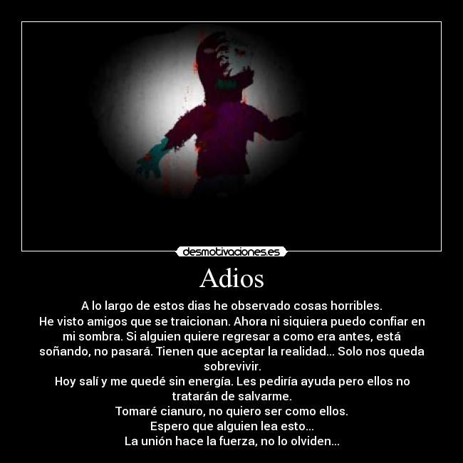 Adios - A lo largo de estos dias he observado cosas horribles.
He visto amigos que se traicionan. Ahora ni siquiera puedo confiar en
mi sombra. Si alguien quiere regresar a como era antes, está
soñando, no pasará. Tienen que aceptar la realidad... Solo nos queda
sobrevivir.
Hoy salí y me quedé sin energía. Les pediría ayuda pero ellos no
tratarán de salvarme.
Tomaré cianuro, no quiero ser como ellos.
Espero que alguien lea esto...
La unión hace la fuerza, no lo olviden...