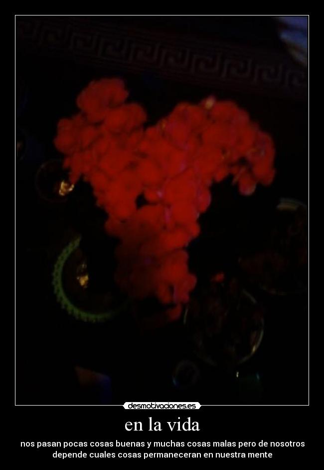 en la vida - nos pasan pocas cosas buenas y muchas cosas malas pero de nosotros
depende cuales cosas permaneceran en nuestra mente