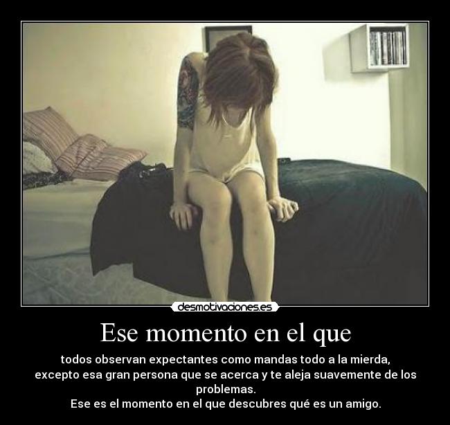 Ese momento en el que - todos observan expectantes como mandas todo a la mierda,
excepto esa gran persona que se acerca y te aleja suavemente de los problemas.
Ese es el momento en el que descubres qué es un amigo.