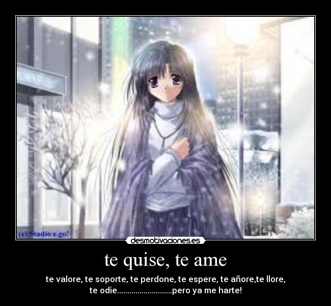 te quise, te ame - te valore, te soporte, te perdone, te espere, te añore,te llore,
te odie...........................pero ya me harte!