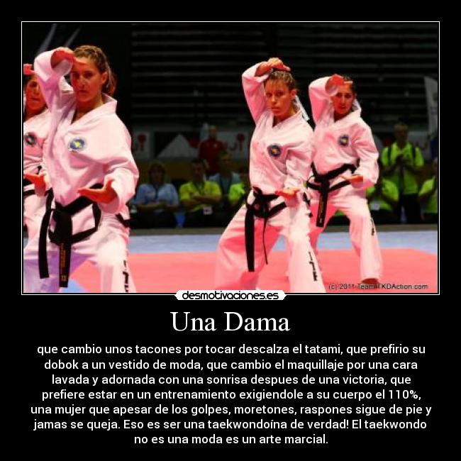 Una Dama - que cambio unos tacones por tocar descalza el tatami, que prefirio su
dobok a un vestido de moda, que cambio el maquillaje por una cara
lavada y adornada con una sonrisa despues de una victoria, que
prefiere estar en un entrenamiento exigiendole a su cuerpo el 110%,
una mujer que apesar de los golpes, moretones, raspones sigue de pie y
jamas se queja. Eso es ser una taekwondoína de verdad! El taekwondo
no es una moda es un arte marcial.