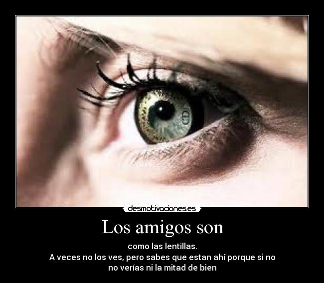 Los amigos son - como las lentillas.
A veces no los ves, pero sabes que estan ahí porque si no
no verías ni la mitad de bien