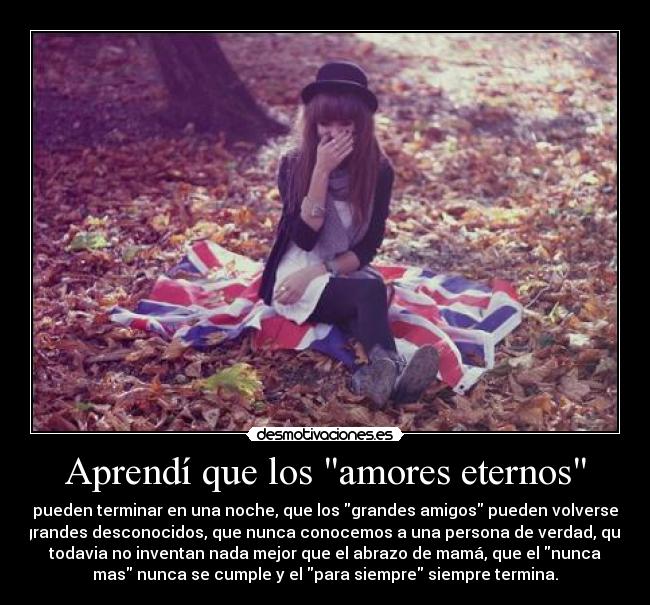 Aprendí que los amores eternos - pueden terminar en una noche, que los grandes amigos pueden volverse
grandes desconocidos, que nunca conocemos a una persona de verdad, que
todavia no inventan nada mejor que el abrazo de mamá, que el nunca
mas nunca se cumple y el para siempre siempre termina.