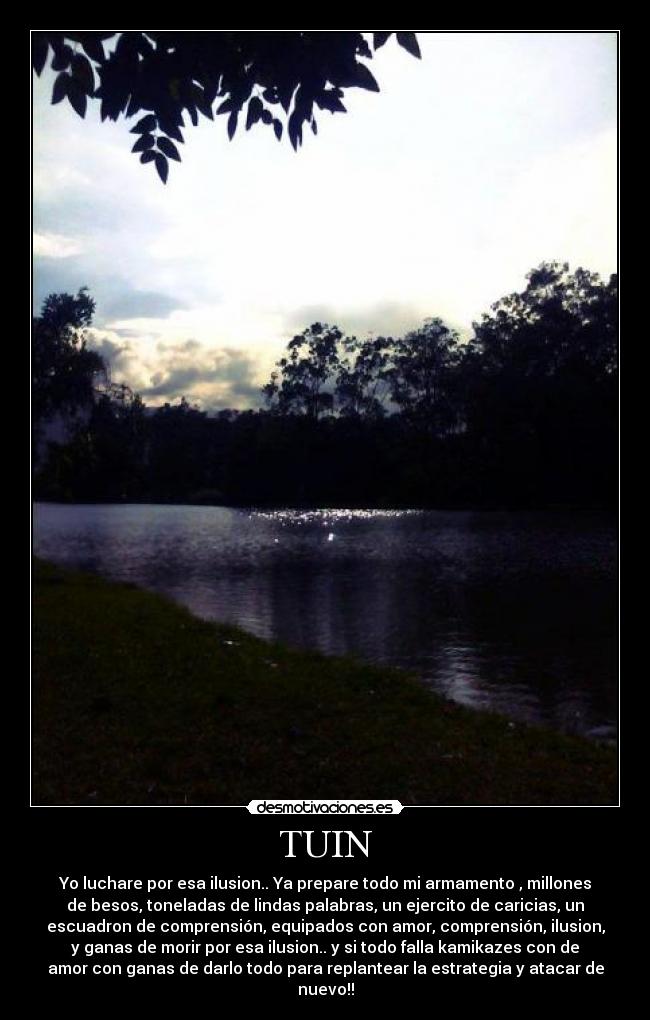 TUIN - Yo luchare por esa ilusion.. Ya prepare todo mi armamento , millones
de besos, toneladas de lindas palabras, un ejercito de caricias, un
escuadron de comprensión, equipados con amor, comprensión, ilusion,
y ganas de morir por esa ilusion.. y si todo falla kamikazes con de
amor con ganas de darlo todo para replantear la estrategia y atacar de
nuevo!!