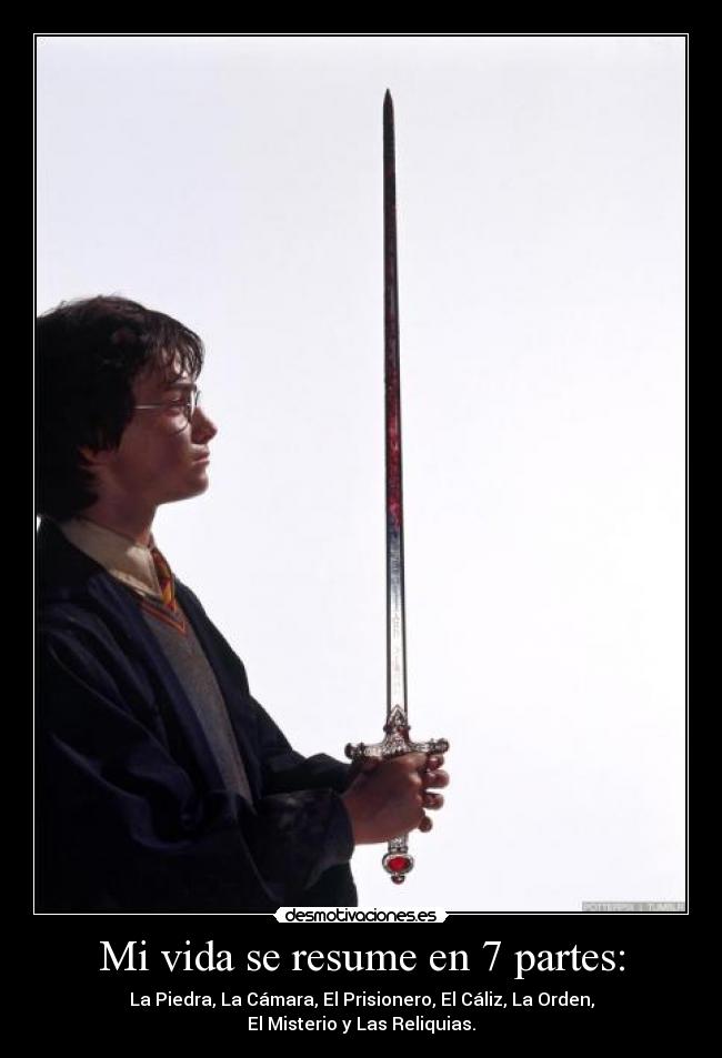 Mi vida se resume en 7 partes: - La Piedra, La Cámara, El Prisionero, El Cáliz, La Orden,
El Misterio y Las Reliquias.