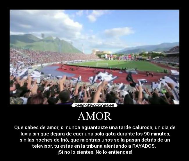 AMOR - Que sabes de amor, si nunca aguantaste una tarde calurosa, un día de
lluvia sin que dejara de caer una sola gota durante los 90 minutos,
sin las noches de frió, que mientras unos se la pasan detrás de un
televisor, tu estas en la tribuna alentando a RAYADOS, 
¡Si no lo sientes, No lo entiendes!