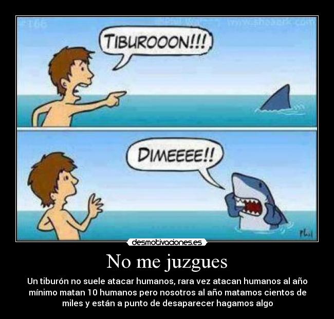 No me juzgues - Un tiburón no suele atacar humanos, rara vez atacan humanos al año
mínimo matan 10 humanos pero nosotros al año matamos cientos de
miles y están a punto de desaparecer hagamos algo