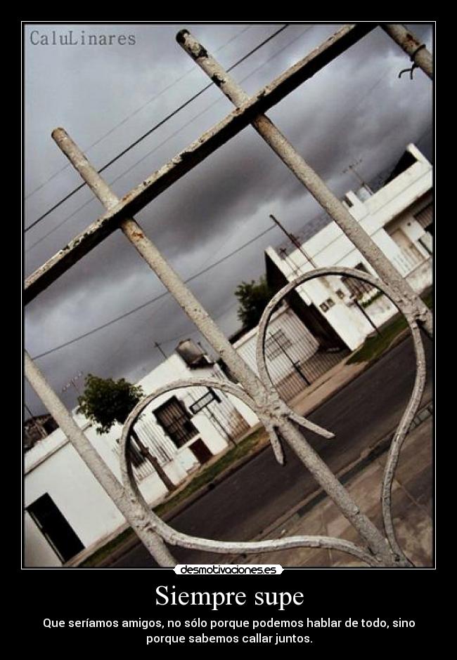 Siempre supe - Que seríamos amigos, no sólo porque podemos hablar de todo, sino
porque sabemos callar juntos.