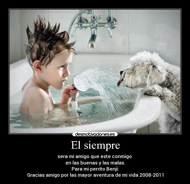 El siempre - sera mi amigo que este conmigo
en las buenas y las malas.
Para mi perrito Benji:
Gracias amigo por las mayor aventura de mi vida 2008-2011
