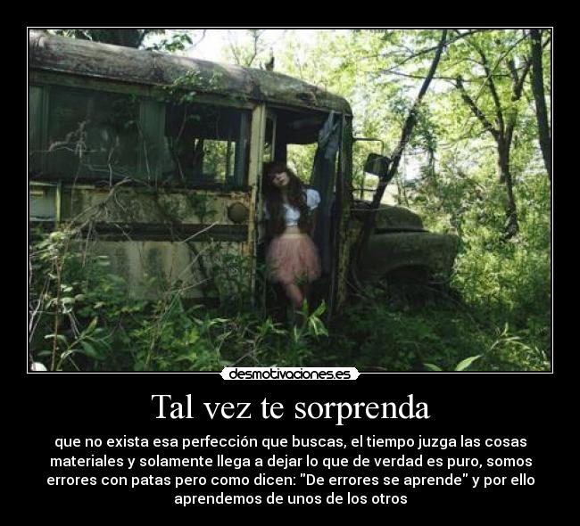 Tal vez te sorprenda - que no exista esa perfección que buscas, el tiempo juzga las cosas
materiales y solamente llega a dejar lo que de verdad es puro, somos
errores con patas pero como dicen: De errores se aprende y por ello
aprendemos de unos de los otros