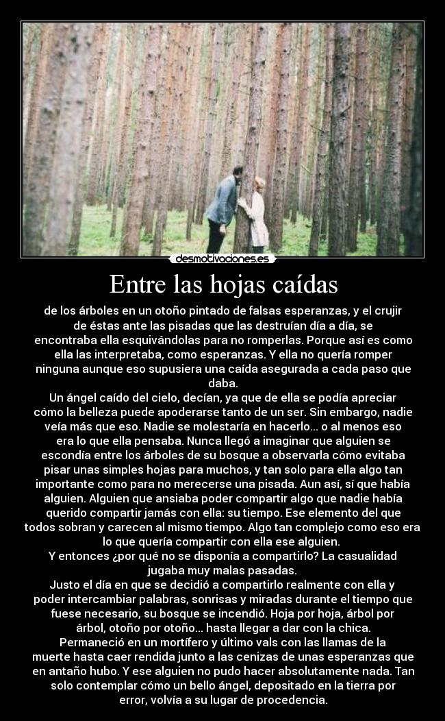 Entre las hojas caídas - de los árboles en un otoño pintado de falsas esperanzas, y el crujir
de éstas ante las pisadas que las destruían día a día, se
encontraba ella esquivándolas para no romperlas. Porque así es como
ella las interpretaba, como esperanzas. Y ella no quería romper
ninguna aunque eso supusiera una caída asegurada a cada paso que
daba.
Un ángel caído del cielo, decían, ya que de ella se podía apreciar
cómo la belleza puede apoderarse tanto de un ser. Sin embargo, nadie
veía más que eso. Nadie se molestaría en hacerlo... o al menos eso
era lo que ella pensaba. Nunca llegó a imaginar que alguien se
escondía entre los árboles de su bosque a observarla cómo evitaba
pisar unas simples hojas para muchos, y tan solo para ella algo tan
importante como para no merecerse una pisada. Aun así, sí que había
alguien. Alguien que ansiaba poder compartir algo que nadie había
querido compartir jamás con ella: su tiempo. Ese elemento del que
todos sobran y carecen al mismo tiempo. Algo tan complejo como eso era
lo que quería compartir con ella ese alguien. 
Y entonces ¿por qué no se disponía a compartirlo? La casualidad
jugaba muy malas pasadas.
Justo el día en que se decidió a compartirlo realmente con ella y
poder intercambiar palabras, sonrisas y miradas durante el tiempo que
fuese necesario, su bosque se incendió. Hoja por hoja, árbol por
árbol, otoño por otoño... hasta llegar a dar con la chica.
Permaneció en un mortífero y último vals con las llamas de la
muerte hasta caer rendida junto a las cenizas de unas esperanzas que
en antaño hubo. Y ese alguien no pudo hacer absolutamente nada. Tan
solo contemplar cómo un bello ángel, depositado en la tierra por
error, volvía a su lugar de procedencia.