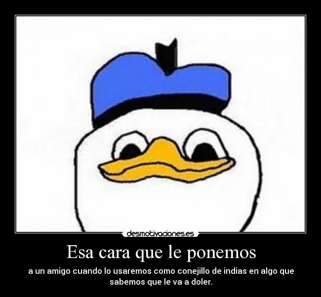 Esa cara que le ponemos - a un amigo cuando lo usaremos como conejillo de indias en algo que
sabemos que le va a doler.