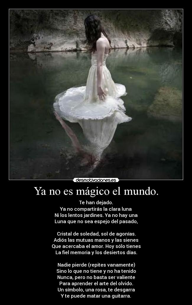 Ya no es mágico el mundo. - Te han dejado.
Ya no compartirás la clara luna
Ni los lentos jardines. Ya no hay una
Luna que no sea espejo del pasado,
Cristal de soledad, sol de agonías.
Adiós las mutuas manos y las sienes
Que acercaba el amor. Hoy sólo tienes
La fiel memoria y los desiertos días.
Nadie pierde (repites vanamente)
Sino lo que no tiene y no ha tenido
Nunca, pero no basta ser valiente
Para aprender el arte del olvido.
Un símbolo, una rosa, te desgarra
Y te puede matar una guitarra.