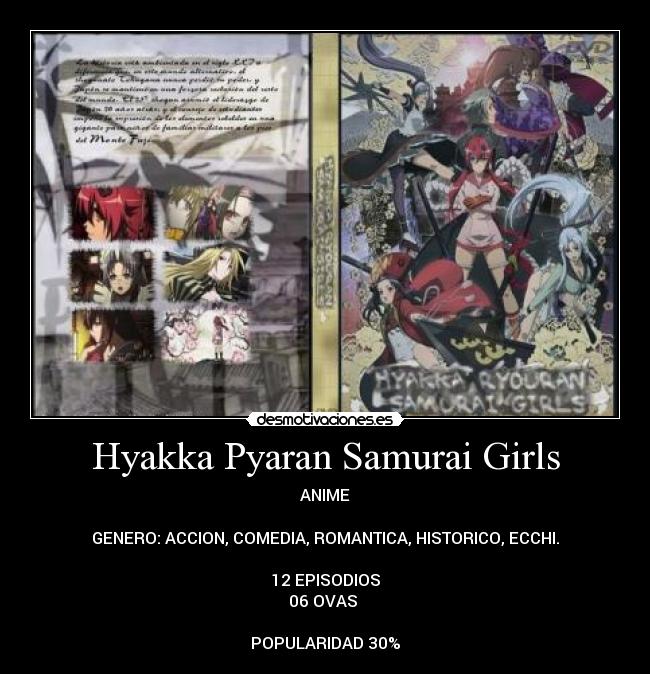 Hyakka Pyaran Samurai Girls - ANIME

GENERO: ACCION, COMEDIA, ROMANTICA, HISTORICO, ECCHI.

12 EPISODIOS
06 OVAS 

POPULARIDAD 30%