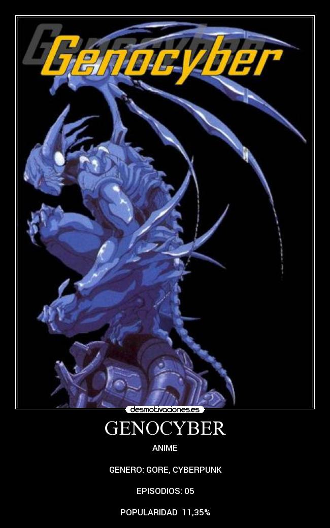 GENOCYBER - ANIME

GENERO: GORE, CYBERPUNK

EPISODIOS: 05

POPULARIDAD  11,35%