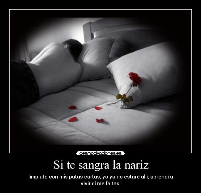 Si te sangra la nariz - límpiate con mis putas cartas, yo ya no estaré allí, aprendí a vivir si me faltas.