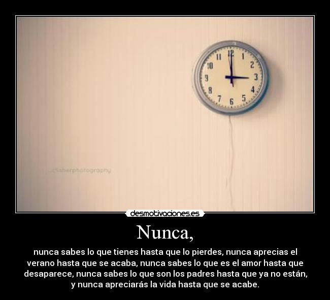 Nunca, - nunca sabes lo que tienes hasta que lo pierdes, nunca aprecias el
verano hasta que se acaba, nunca sabes lo que es el amor hasta que
desaparece, nunca sabes lo que son los padres hasta que ya no están,
y nunca apreciarás la vida hasta que se acabe.
