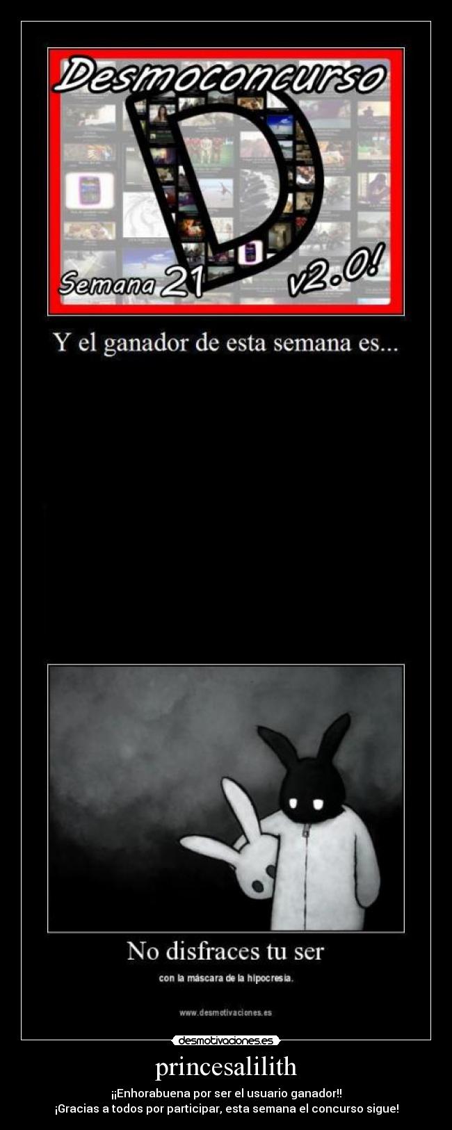 princesalilith - ¡¡Enhorabuena por ser el usuario ganador!!
¡Gracias a todos por participar, esta semana el concurso sigue!