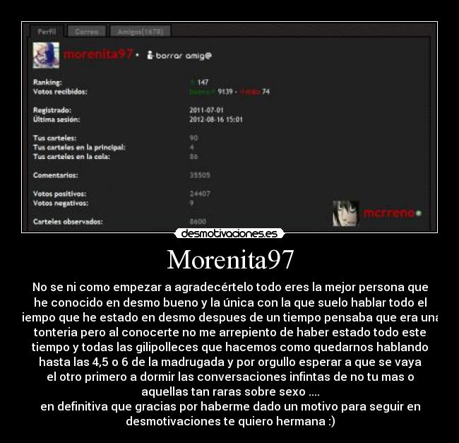 Morenita97 - No se ni como empezar a agradecértelo todo eres la mejor persona que
he conocido en desmo bueno y la única con la que suelo hablar todo el
tiempo que he estado en desmo despues de un tiempo pensaba que era una
tonteria pero al conocerte no me arrepiento de haber estado todo este
tiempo y todas las gilipolleces que hacemos como quedarnos hablando
hasta las 4,5 o 6 de la madrugada y por orgullo esperar a que se vaya
el otro primero a dormir las conversaciones infintas de no tu mas o
aquellas tan raras sobre sexo ....
en definitiva que gracias por haberme dado un motivo para seguir en
desmotivaciones te quiero hermana :)