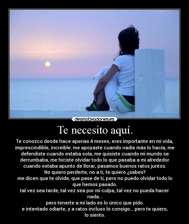 Te necesito aquí. - Te conozco desde hace apenas 4 meses, eres importante en mi vida,
imprescindible, increible. me apoyaste cuando nadie más lo hacía, me
defendiste cuando estaba sola, me quisiste cuando mi mundo se
derrumbaba, me hiciste olvidar todo lo que pasaba a mi alrededor
cuando estaba apunto de llorar, pasamos buenos ratos juntos.
No quiero perderte, no a ti, te quiero ¿sabes?
me dicen que te olvide, que pase de ti, pero no puedo olvidar todo lo
que hemos pasado.
tal vez sea tarde, tal vez sea por mi culpa, tal vez no pueda hacer
nada...
pero tenerte a mi lado es lo único que pido.
e intentado odiarte, y a ratos incluso lo consigo... pero te quiero,
lo siento.