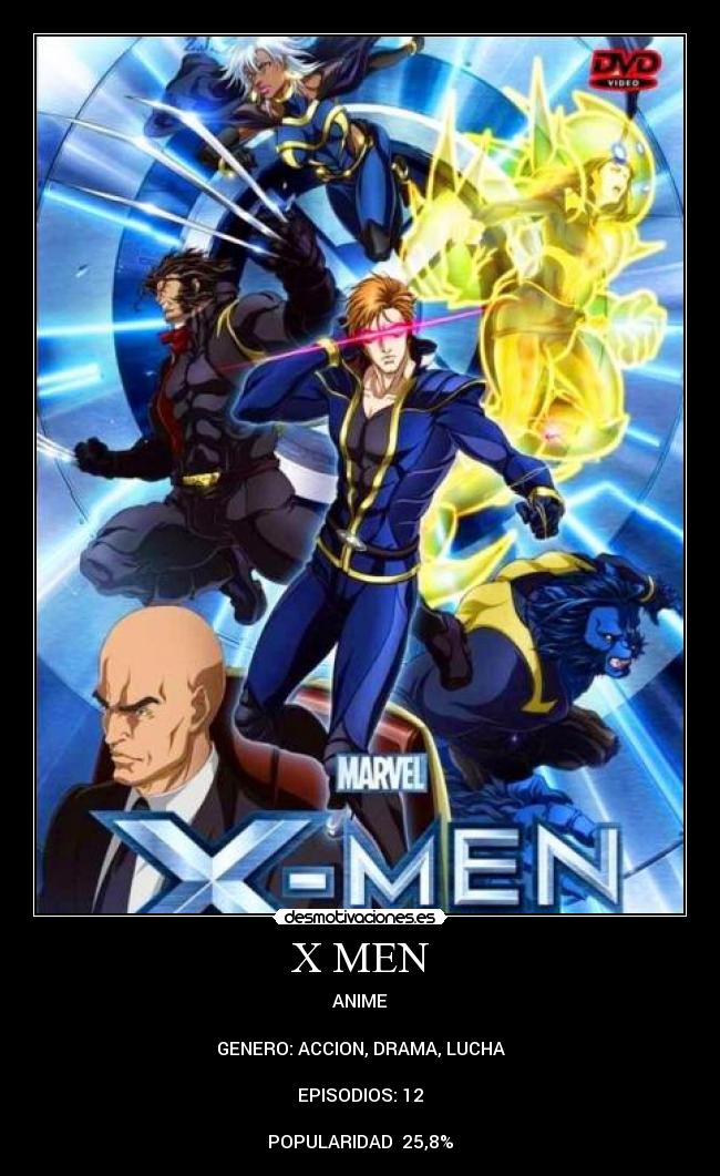 X MEN - ANIME

GENERO: ACCION, DRAMA, LUCHA

EPISODIOS: 12

POPULARIDAD  25,8%