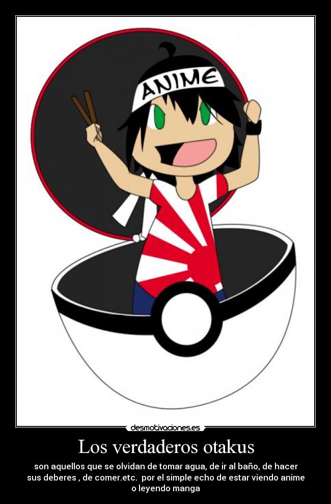 Los verdaderos otakus - son aquellos que se olvidan de tomar agua, de ir al baño, de hacer
sus deberes , de comer.etc. por el simple echo de estar viendo anime
o leyendo manga