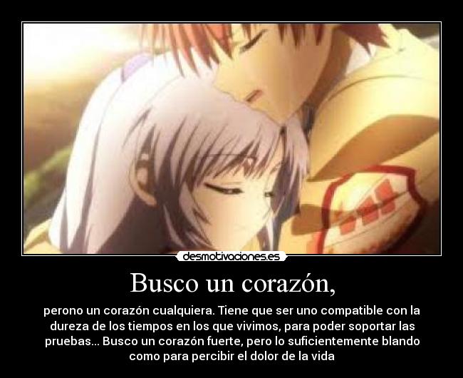 Busco un corazón, - perono un corazón cualquiera. Tiene que ser uno compatible con la
dureza de los tiempos en los que vivimos, para poder soportar las
pruebas... Busco un corazón fuerte, pero lo suficientemente blando
como para percibir el dolor de la vida