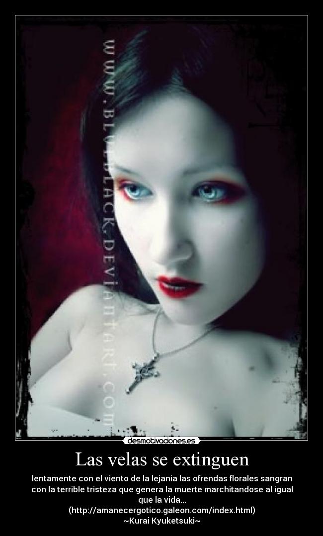Las velas se extinguen - lentamente con el viento de la lejania las ofrendas florales sangran
con la terrible tristeza que genera la muerte marchitandose al igual
que la vida...
(http://amanecergotico.galeon.com/index.html)
~Kurai Kyuketsuki~