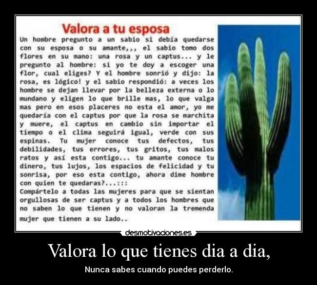 Valora lo que tienes dia a dia, - Nunca sabes cuando puedes perderlo.