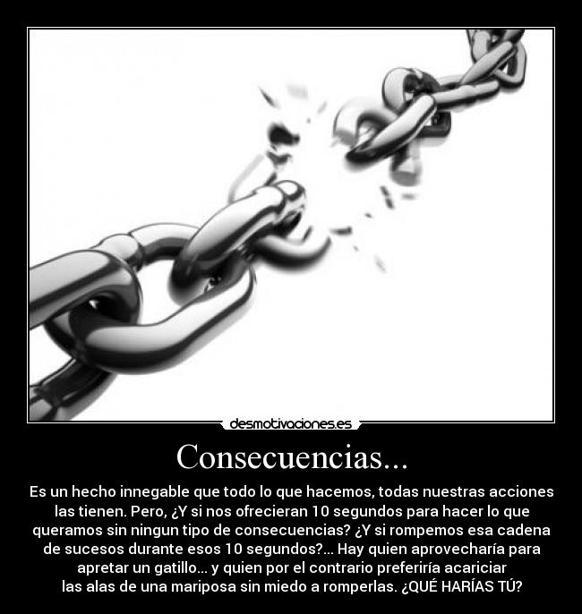 Consecuencias... - Es un hecho innegable que todo lo que hacemos, todas nuestras acciones
las tienen. Pero, ¿Y si nos ofrecieran 10 segundos para hacer lo que
queramos sin ningun tipo de consecuencias? ¿Y si rompemos esa cadena
de sucesos durante esos 10 segundos?... Hay quien aprovecharía para
apretar un gatillo... y quien por el contrario preferiría acariciar
las alas de una mariposa sin miedo a romperlas. ¿QUÉ HARÍAS TÚ?