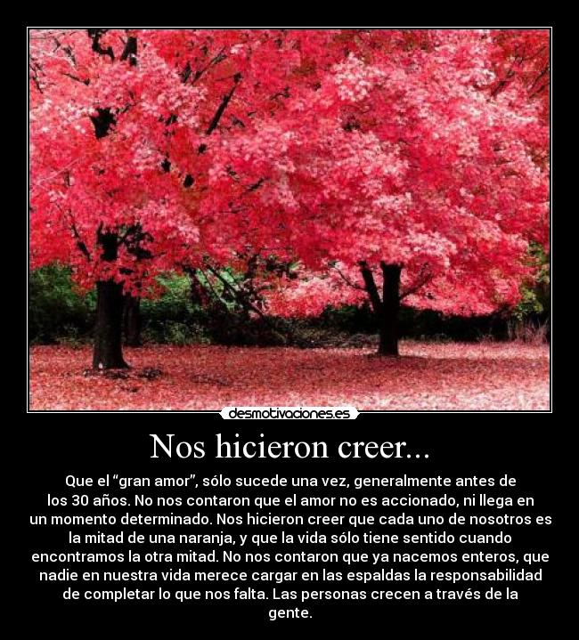 Nos hicieron creer... - Que el “gran amor”, sólo sucede una vez, generalmente antes de
los 30 años. No nos contaron que el amor no es accionado, ni llega en
un momento determinado. Nos hicieron creer que cada uno de nosotros es
la mitad de una naranja, y que la vida sólo tiene sentido cuando
encontramos la otra mitad. No nos contaron que ya nacemos enteros, que
nadie en nuestra vida merece cargar en las espaldas la responsabilidad
de completar lo que nos falta. Las personas crecen a través de la
gente.