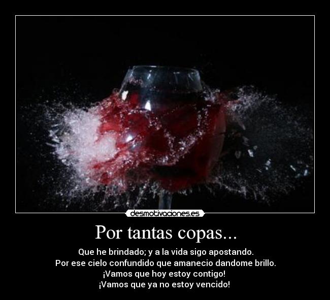 Por tantas copas... - ♪ Que he brindado; y a la vida sigo apostando.
Por ese cielo confundido que amanecio dandome brillo.
¡Vamos que hoy estoy contigo!
¡Vamos que ya no estoy vencido! ♪