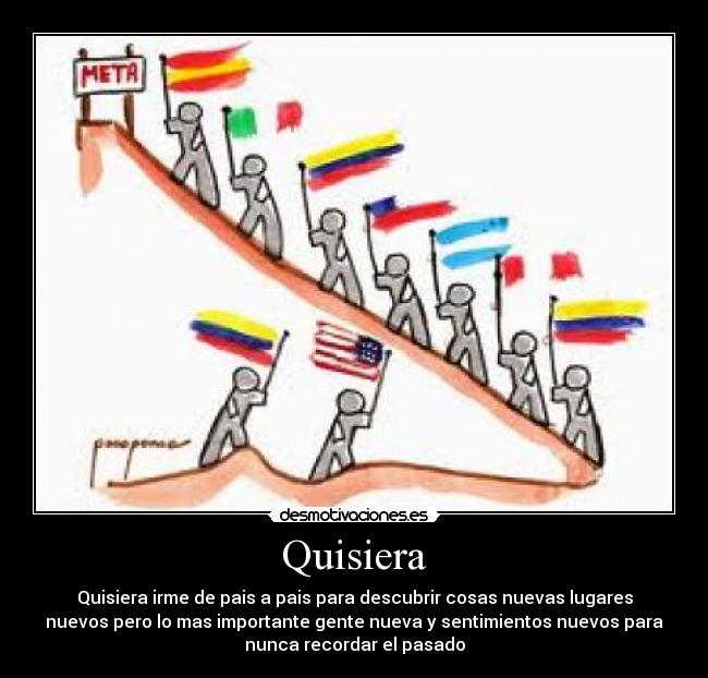 Quisiera - Quisiera irme de pais a pais para descubrir cosas nuevas lugares
nuevos pero lo mas importante gente nueva y sentimientos nuevos para
nunca recordar el pasado