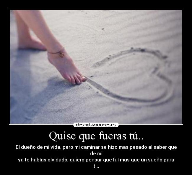 Quise que fueras tú.. - El dueño de mi vida, pero mi caminar se hizo mas pesado al saber que de mi
ya te habías olvidado, quiero pensar que fuí mas que un sueño para ti..