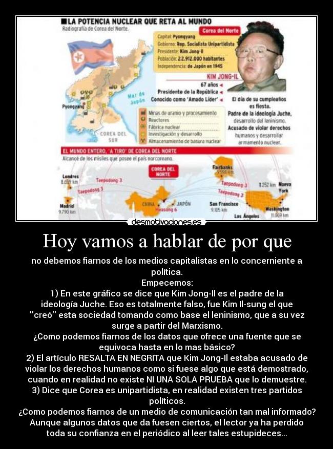 Hoy vamos a hablar de por que - no debemos fiarnos de los medios capitalistas en lo concerniente a
política.
Empecemos:
1) En este gráfico se dice que Kim Jong-Il es el padre de la
ideología Juche. Eso es totalmente falso, fue Kim Il-sung el que
creó esta sociedad tomando como base el leninismo, que a su vez
surge a partir del Marxismo.
¿Como podemos fiarnos de los datos que ofrece una fuente que se
equivoca hasta en lo mas básico?
2) El artículo RESALTA EN NEGRITA que Kim Jong-Il estaba acusado de
violar los derechos humanos como si fuese algo que está demostrado,
cuando en realidad no existe NI UNA SOLA PRUEBA que lo demuestre.
3) Dice que Corea es unipartidista, en realidad existen tres partidos
políticos.
¿Como podemos fiarnos de un medio de comunicación tan mal informado?
Aunque algunos datos que da fuesen ciertos, el lector ya ha perdido
toda su confianza en el periódico al leer tales estupideces...