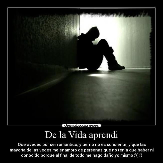 De la Vida aprendi - Que aveces por ser romántico, y tierno no es suficiente, y que las
mayoría de las veces me enamoro de personas que no tenia que haber ni
conocido porque al final de todo me hago daño yo mismo :( :(