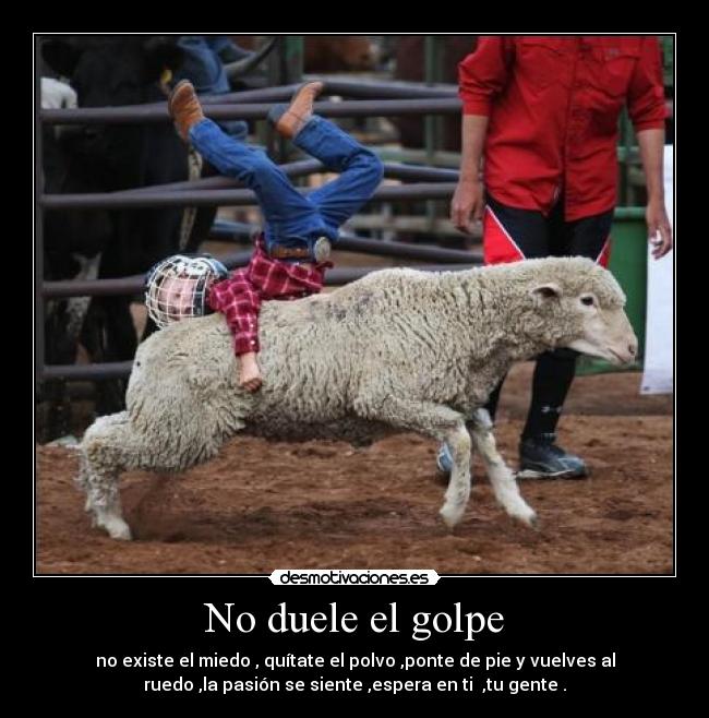No duele el golpe - no existe el miedo , quítate el polvo ,ponte de pie y vuelves al
ruedo ,la pasión se siente ,espera en ti ,tu gente .