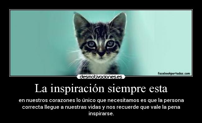La inspiración siempre esta - en nuestros corazones lo único que necesitamos es que la persona
correcta llegue a nuestras vidas y nos recuerde que vale la pena
inspirarse.