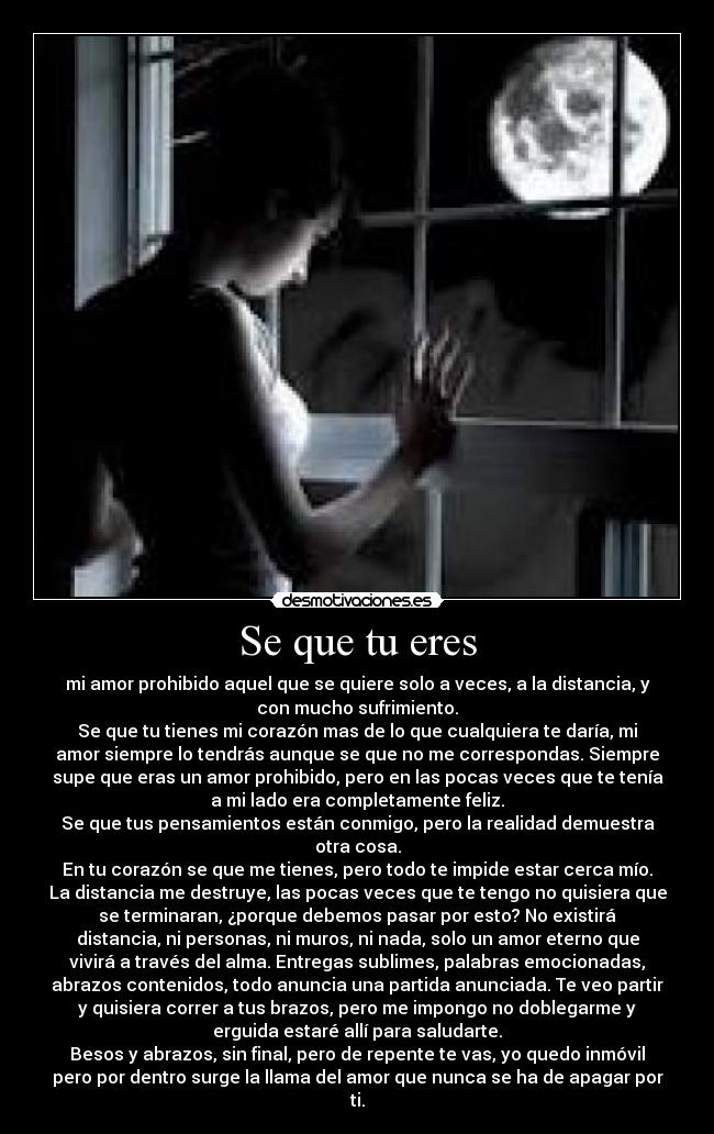 Se que tu eres - mi amor prohibido aquel que se quiere solo a veces, a la distancia, y
con mucho sufrimiento.
Se que tu tienes mi corazón mas de lo que cualquiera te daría, mi
amor siempre lo tendrás aunque se que no me correspondas. Siempre
supe que eras un amor prohibido, pero en las pocas veces que te tenía
a mi lado era completamente feliz.
Se que tus pensamientos están conmigo, pero la realidad demuestra
otra cosa.
En tu corazón se que me tienes, pero todo te impide estar cerca mío.
La distancia me destruye, las pocas veces que te tengo no quisiera que
se terminaran, ¿porque debemos pasar por esto? No existirá
distancia, ni personas, ni muros, ni nada, solo un amor eterno que
vivirá a través del alma. Entregas sublimes, palabras emocionadas,
abrazos contenidos, todo anuncia una partida anunciada. Te veo partir
y quisiera correr a tus brazos, pero me impongo no doblegarme y
erguida estaré allí para saludarte.
Besos y abrazos, sin final, pero de repente te vas, yo quedo inmóvil
pero por dentro surge la llama del amor que nunca se ha de apagar por
ti.