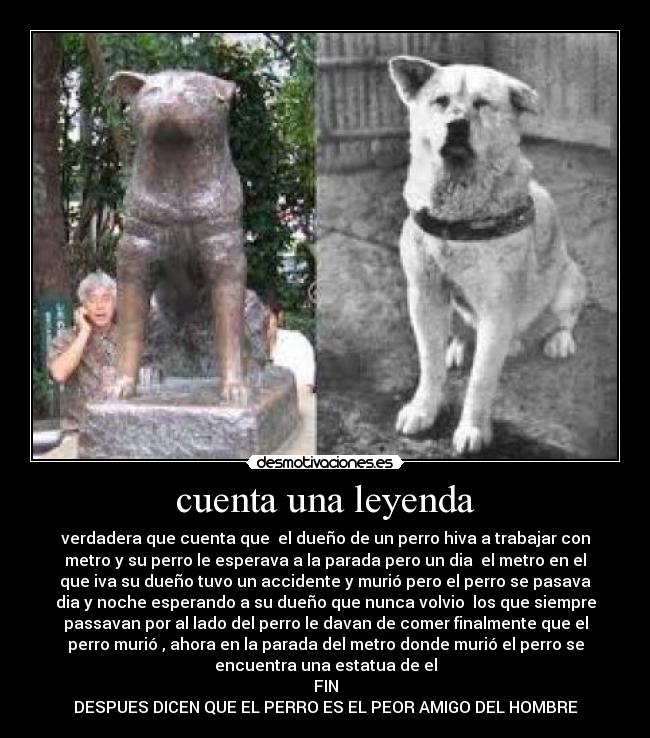 cuenta una leyenda - verdadera que cuenta que el dueño de un perro hiva a trabajar con
metro y su perro le esperava a la parada pero un dia el metro en el
que iva su dueño tuvo un accidente y murió pero el perro se pasava
dia y noche esperando a su dueño que nunca volvio los que siempre
passavan por al lado del perro le davan de comer finalmente que el
perro murió , ahora en la parada del metro donde murió el perro se
encuentra una estatua de el
FIN
DESPUES DICEN QUE EL PERRO ES EL PEOR AMIGO DEL HOMBRE