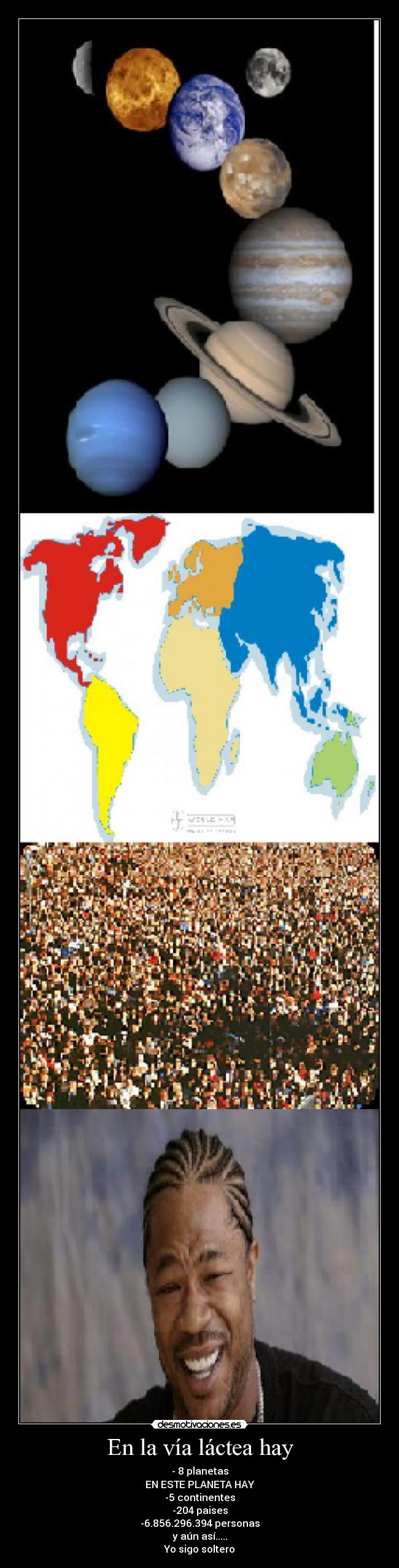 En la vía láctea hay - - 8 planetas
EN ESTE PLANETA HAY
-5 continentes
-204 paises
-6.856.296.394 personas
y aún así.....
Yo sigo soltero
