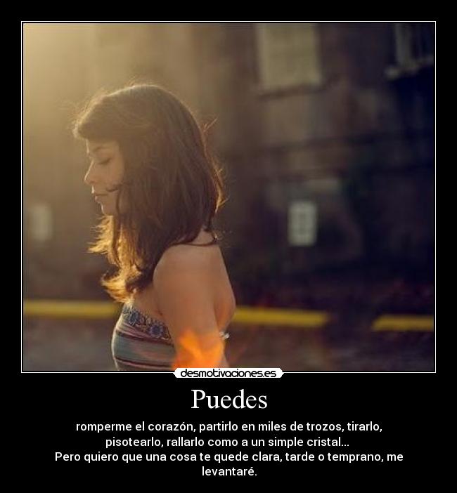 Puedes - romperme el corazón, partirlo en miles de trozos, tirarlo,
pisotearlo, rallarlo como a un simple cristal... 
Pero quiero que una cosa te quede clara, tarde o temprano, me
levantaré.