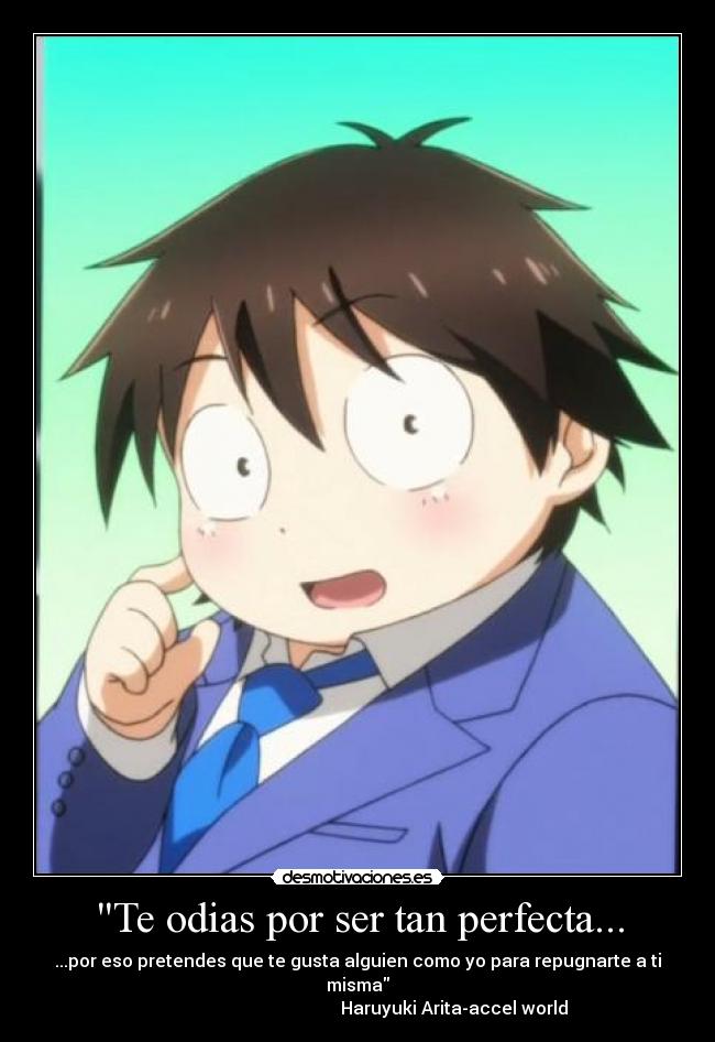 Te odias por ser tan perfecta... - ...por eso pretendes que te gusta alguien como yo para repugnarte a ti misma
Haruyuki Arita-accel world