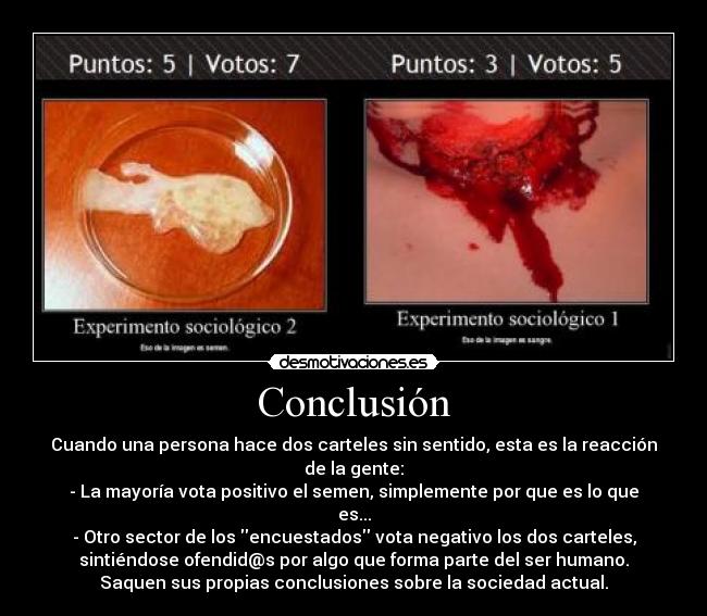 Conclusión - Cuando una persona hace dos carteles sin sentido, esta es la reacción
de la gente:
- La mayoría vota positivo el semen, simplemente por que es lo que
es...
- Otro sector de los encuestados vota negativo los dos carteles,
sintiéndose ofendid@s por algo que forma parte del ser humano.
Saquen sus propias conclusiones sobre la sociedad actual.