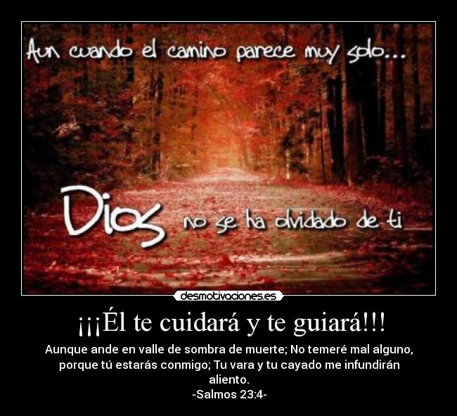 ¡¡¡Él te cuidará y te guiará!!! - Aunque ande en valle de sombra de muerte; No temeré mal alguno,
porque tú estarás conmigo; Tu vara y tu cayado me infundirán
aliento.
-Salmos 23:4-