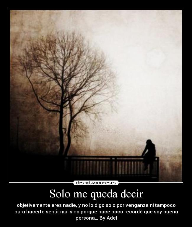 Solo me queda decir - objetivamente eres nadie, y no lo digo solo por venganza ni tampoco
para hacerte sentir mal sino porque hace poco recordé que soy buena
persona… By:Adel
